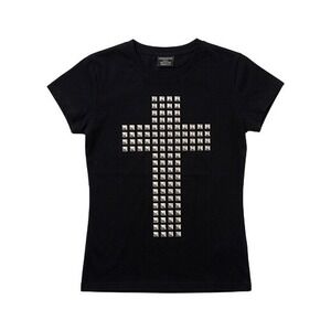 Stone Black Studded Cross T-Shirt Women Small Punk Goth Silver Pyramid Studs